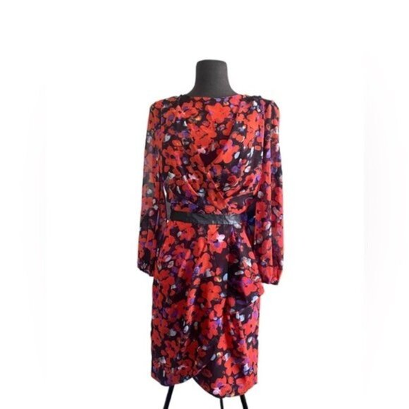 W118 Walter Baker Red Floral Print Sheath Dress Black Leather Waist Band… - Picture 2 of 7